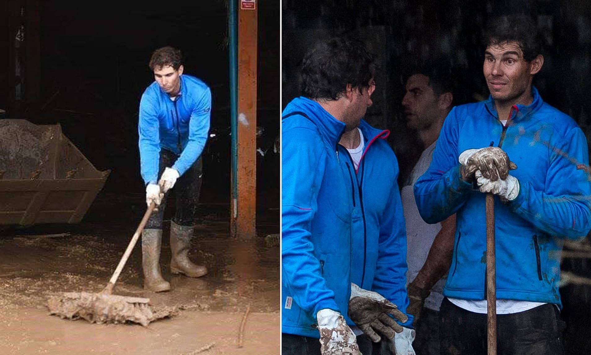 The Spanish Bull pictured cleaning mud and dirty water after the Mallorca floods