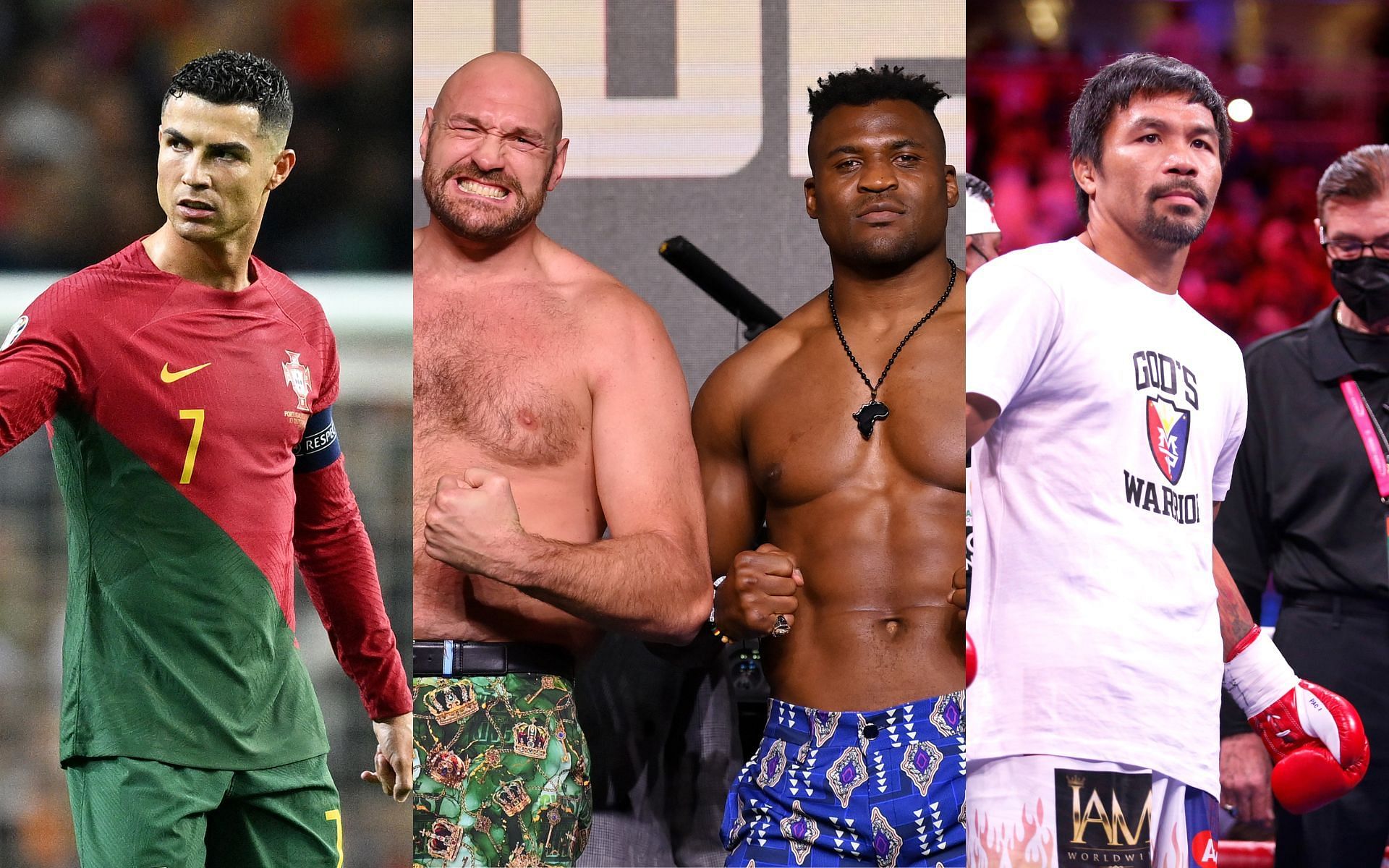 Cristiano Ronaldo (Left); Tyson Fury and Francis Ngannou (Middle); Manny Pacquiao (Right) [*Image courtesy: Getty Images]