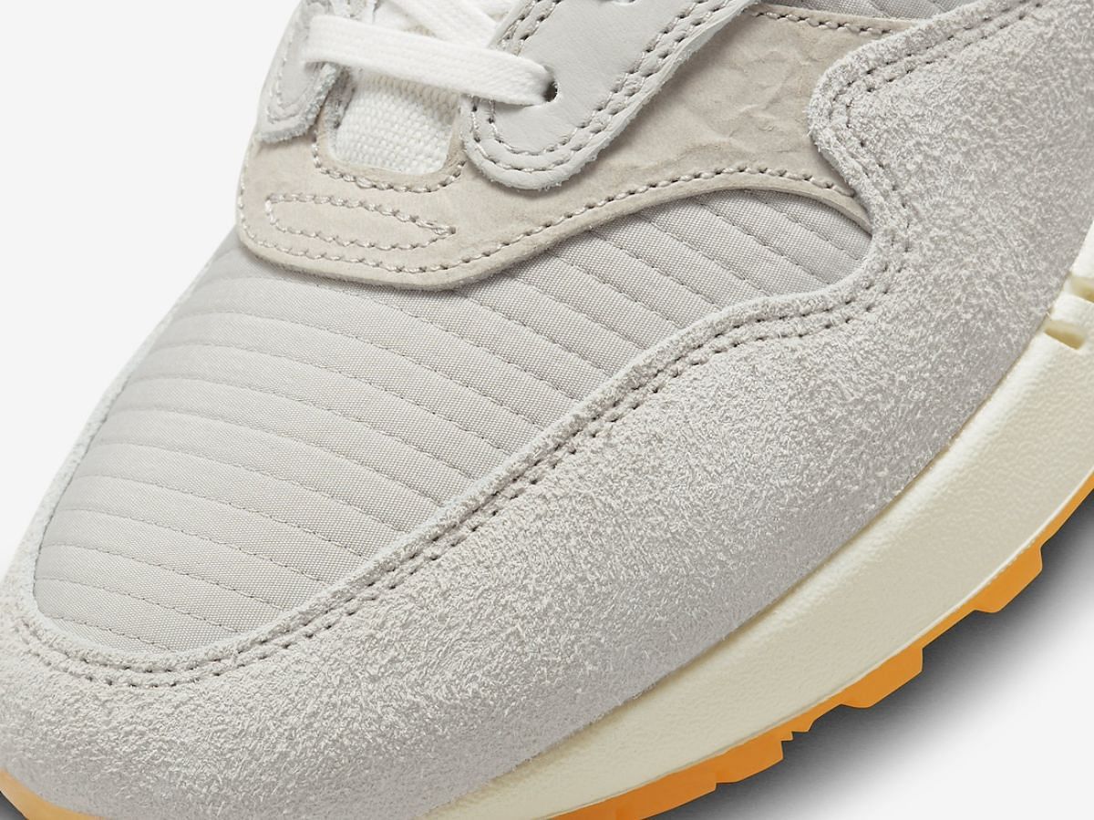 A close look at the upper of Nike Air Max 1 &ldquo;Light Iron Ore&rdquo; sneakers (Image via SBD)