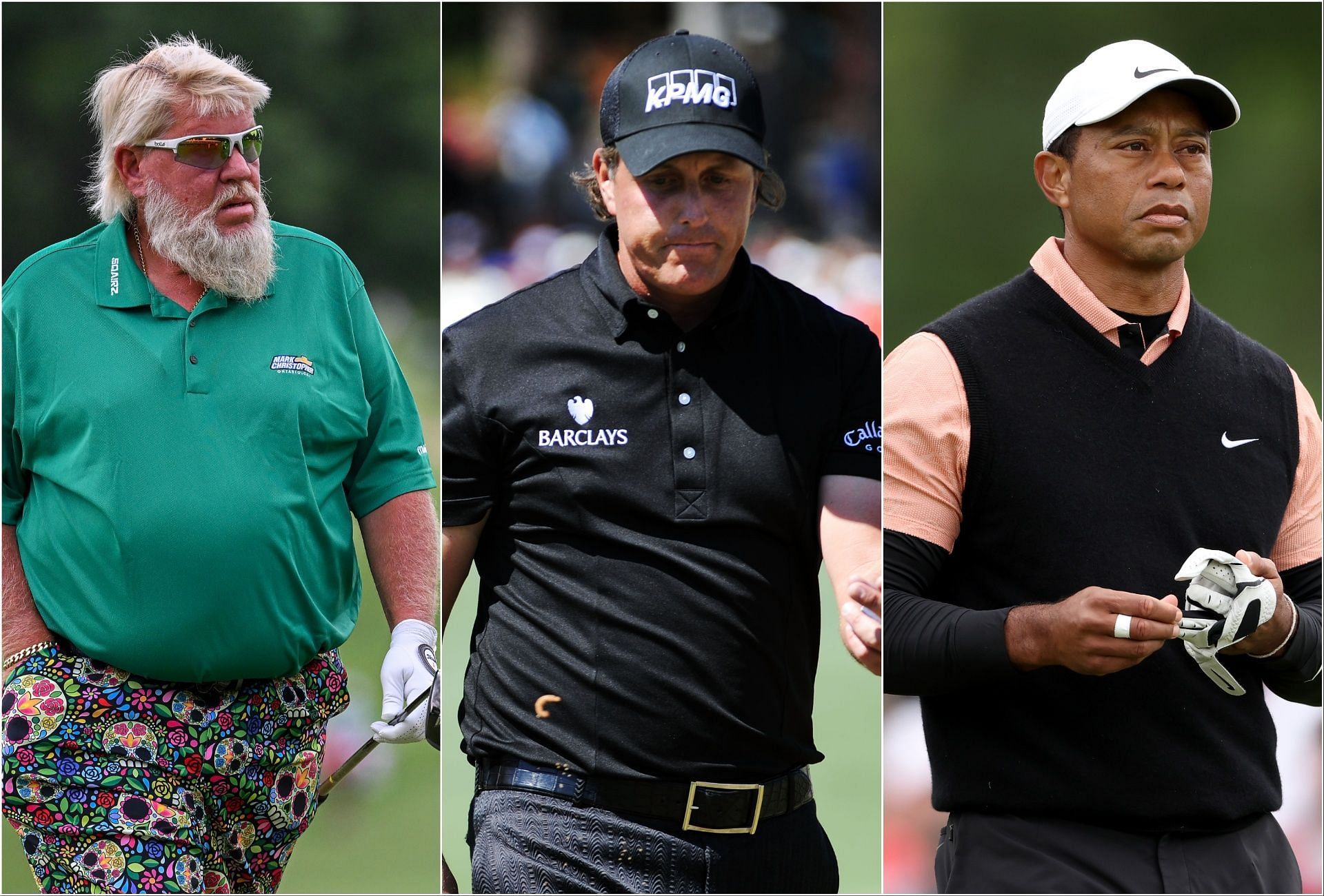 John Daly, Phil Mickelson, and Tiger Woods (via Getty Images)