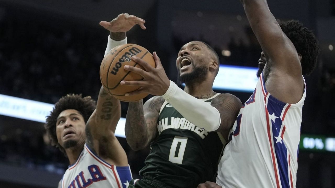 Damian Lillard of the Milwaukee Bucks against the Philadelphia 76ers.