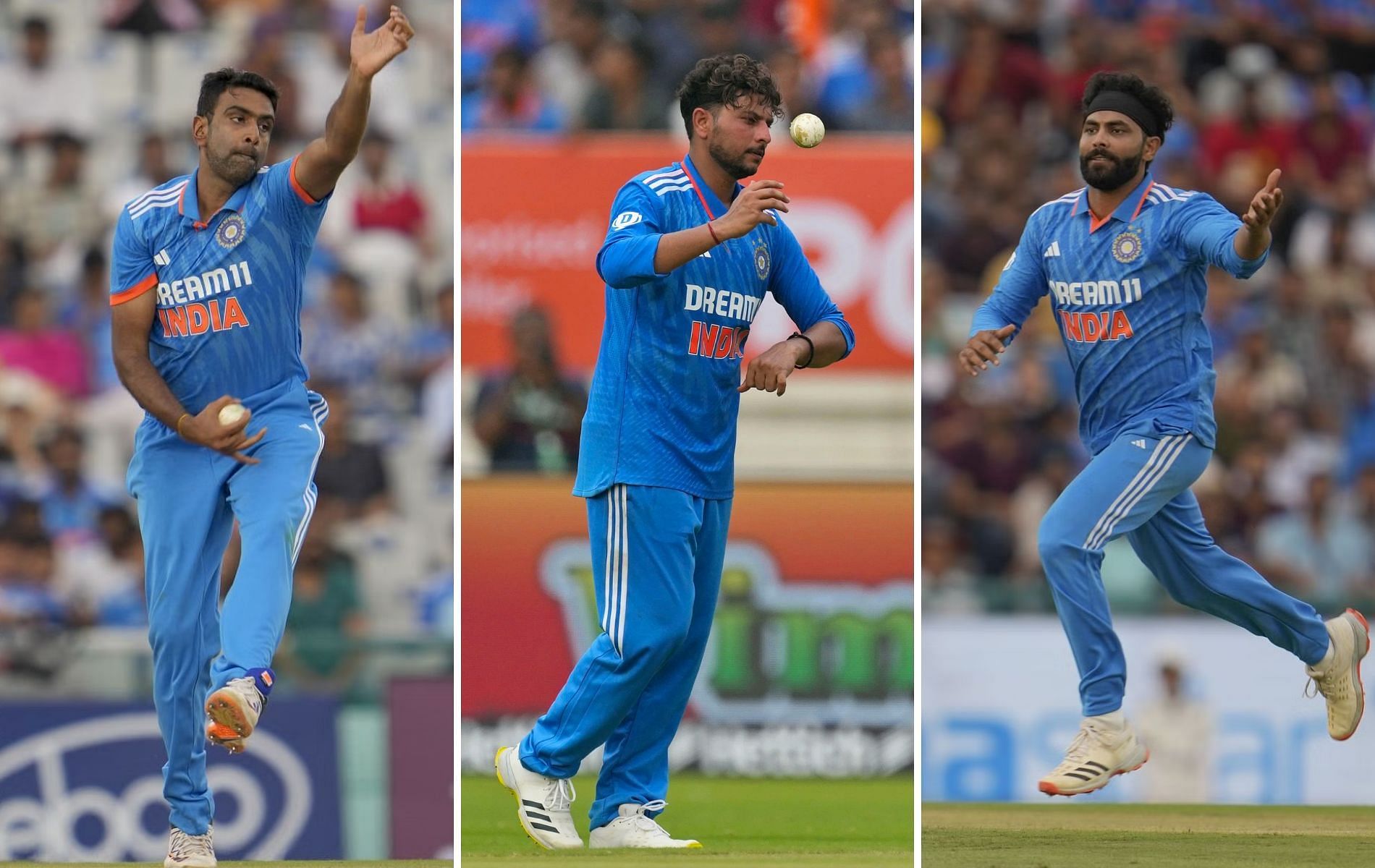 (L to R) Ravichandran Ashwin, Kuldeep Yadav, and Ravindra Jadeja. (Pics: AP)