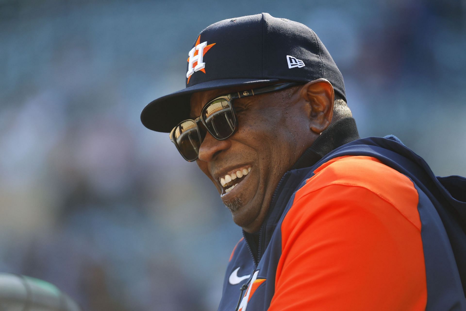 Houston manager Dusty Baker Jr. watches batting practice before a game against the Minnesota Twins in Minneapolis