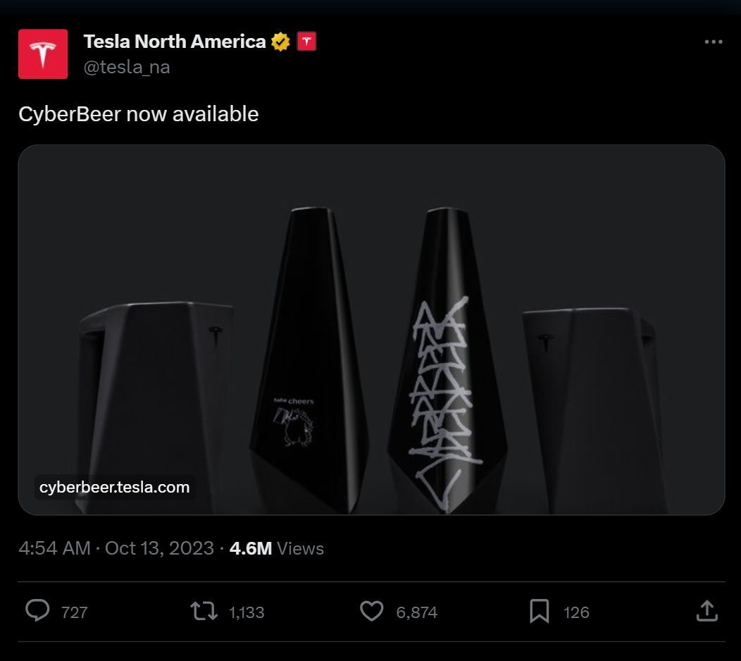 Tesla&#039;s official X announcement of the Cyber Beer (Image via X)