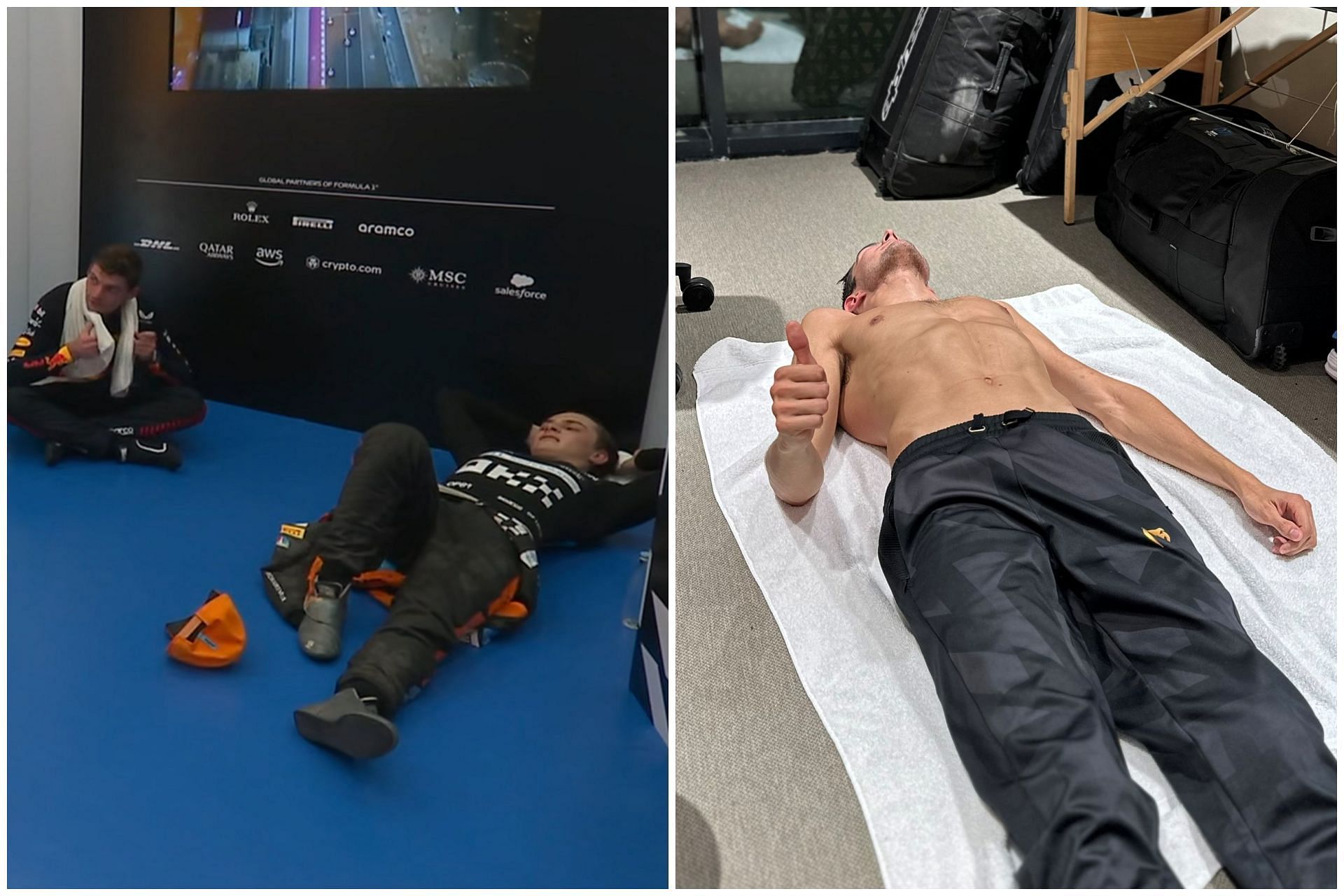 Oscar Piastri and Max Verstappen on the floor of the cool down room (L) and Esteban Ocon in the medical center (R) after the 2023 F1 Qatar Grand Prix (Collage via Sportskeeda)