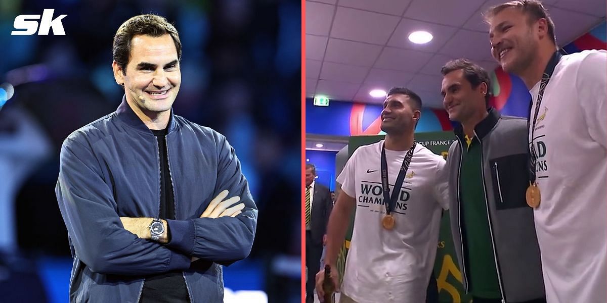 Roger Federer joins the Springboks in their Rugby World Cup celebration