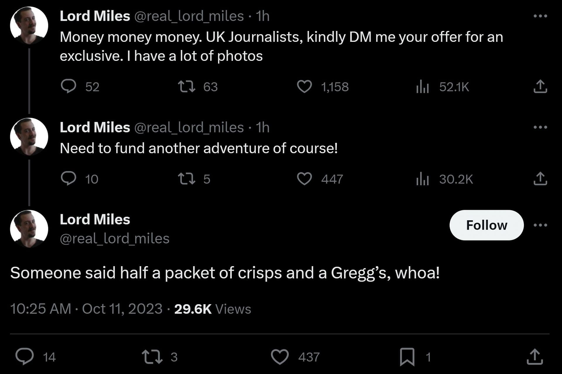 Lord Miles&#039; social media posts, dated October 11, 2023 (Image via X)