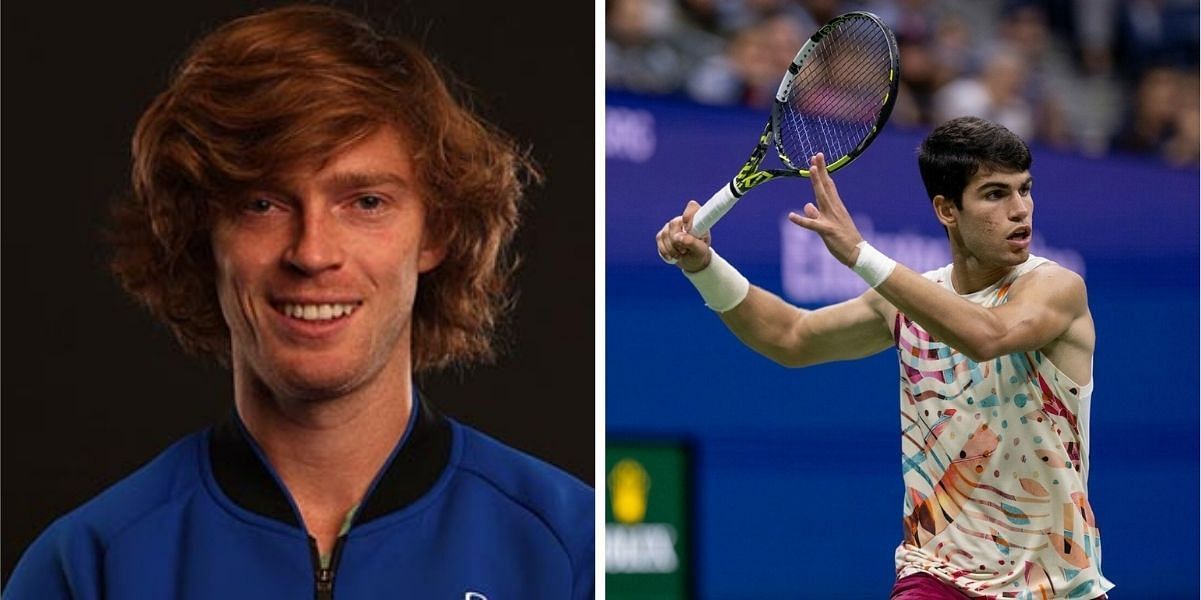  Carlos Alcaraz playfully strokes Andrey Rublev