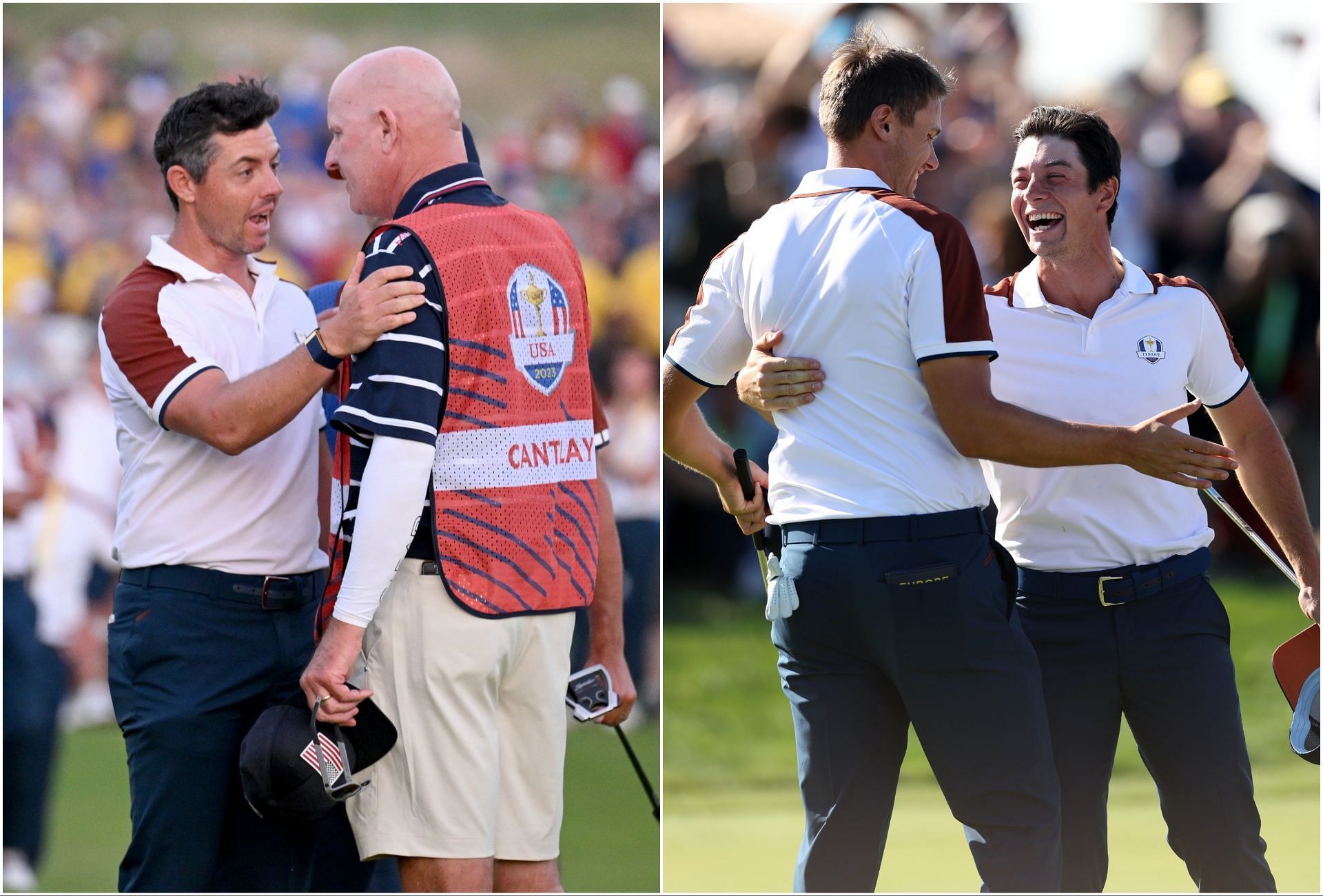 Rory McIlroy and Joe LaCava and Ludvig Aberg and Viktor Hovland at the Saturday