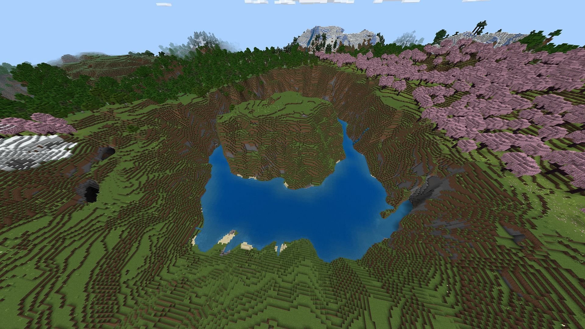 This terrain is far from the seed&#039;s spawn but could make for an intriguing Minecraft city (Image via SummerInReddit/Reddit)