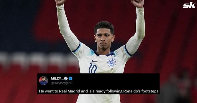 "Following Ronaldo's footsteps" - Fans react as video of Jude Bellingham faking getting hit in the face in Euro qualifier surfaces