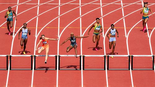 Athletes compete in the Women's 400m Hurdles during the 2023 Prefontaine Classic and Wanda Diamond League Final at Hayward Field in September 2023 in Eugene, Oregon