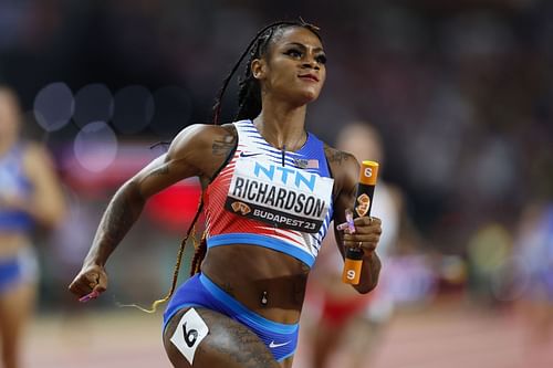 Sha'Carri Richardson competes in the Women's 4x100m Relay Final during the 2023 World Championships in Budapest, Hungary.