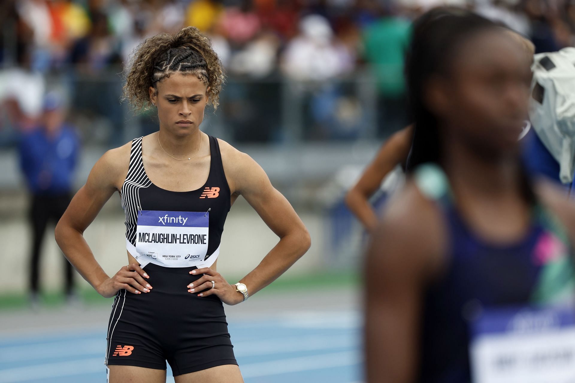Sydney McLaughlin-Levrone prepares to compete in the Women&#039;s 400m at the Xfinity during the 2023 USATF NYC Grand Prix at Icahn Stadium in New York City.