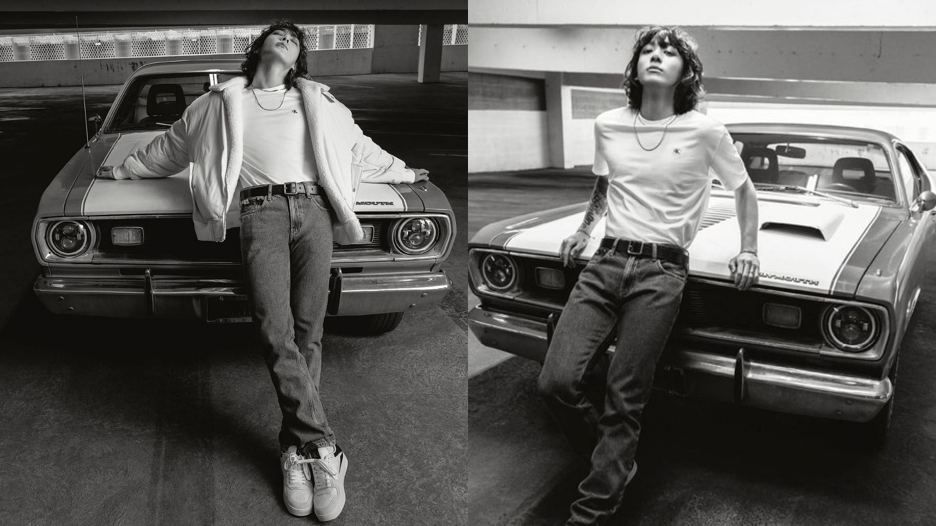 There&#039;s something entirely enticing about cars and the CK brand. Adding Jeon Jung-kook to the equation only elevates this quality, resulting in this photoshoot. The simplicity of the clothing is offset by the beauty of the car (and Jungkook himself). (Images via X/ @CalvinKlein)