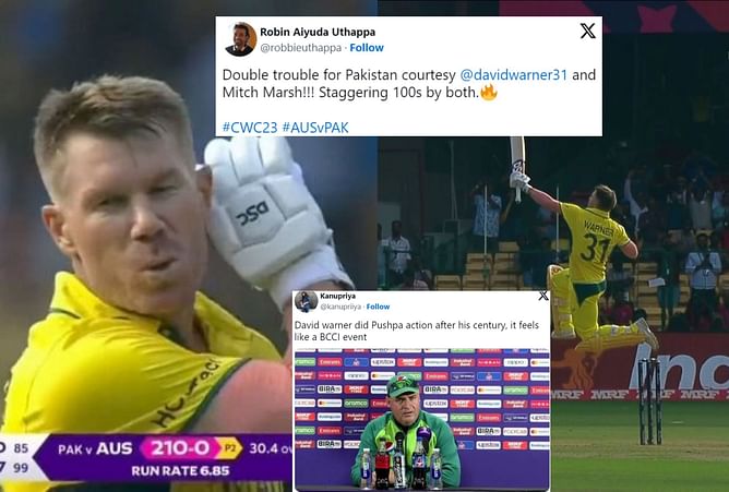 "David Warner did Pushpa action after his century, it feels like a BCCI event"- Fans react after Australian opener's 163 against Pakistan in World Cup
