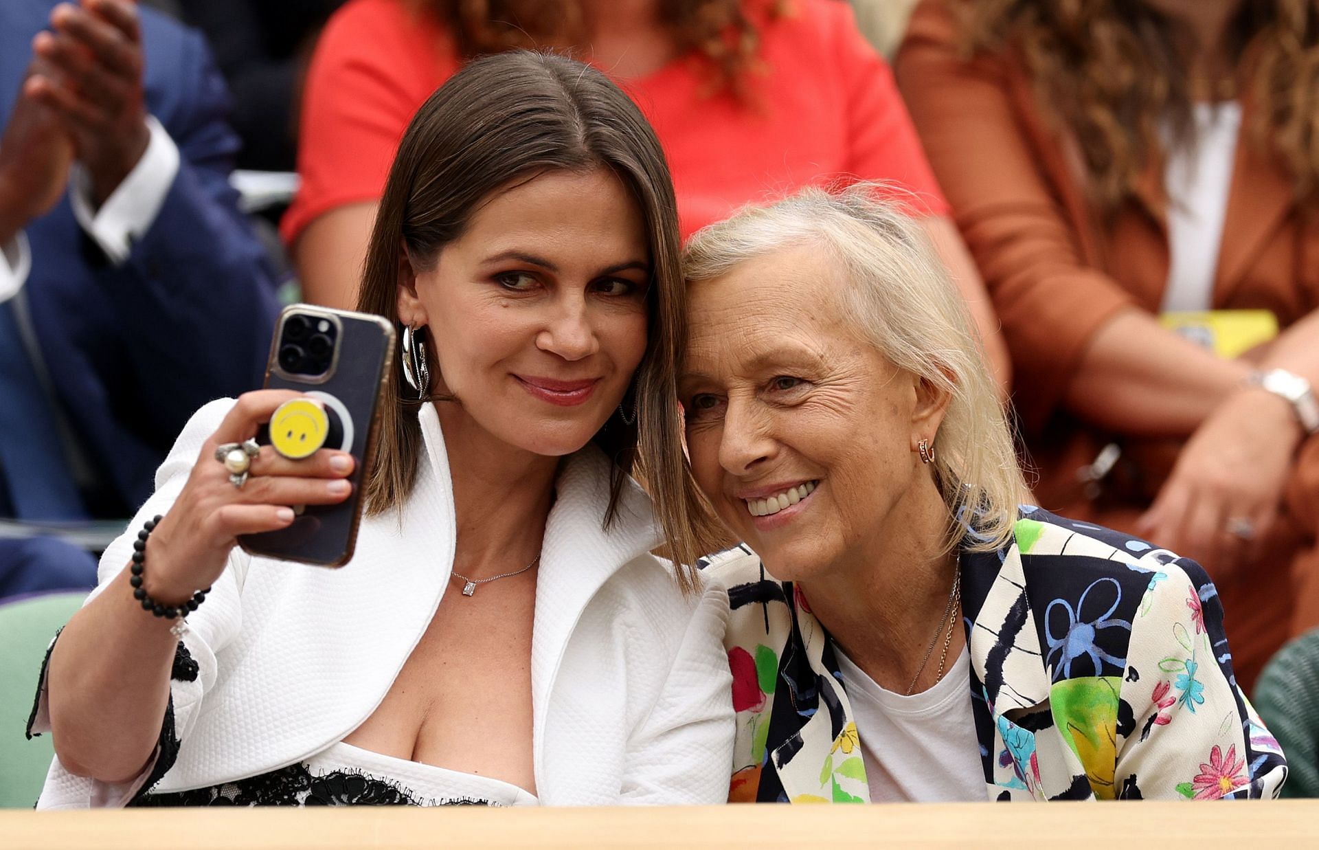 Martina Navratilova pictured with her wife Julia Lemigova at Wimbledon 2023