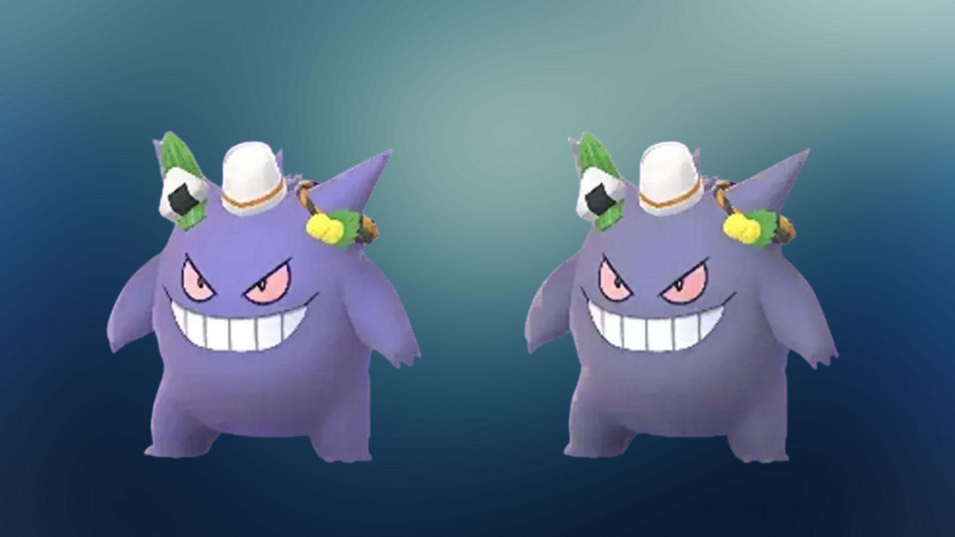 Regular and shiny Gengar wearing a Tricks &amp; Treats costume (Image via TPC)