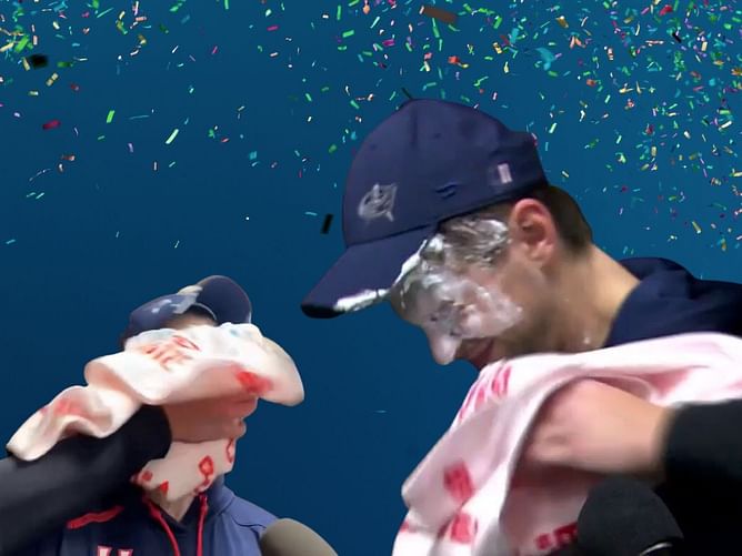 WATCH: Adam Fantilli gets pasted with shaving cream following 1st NHL goal for Blue Jackets