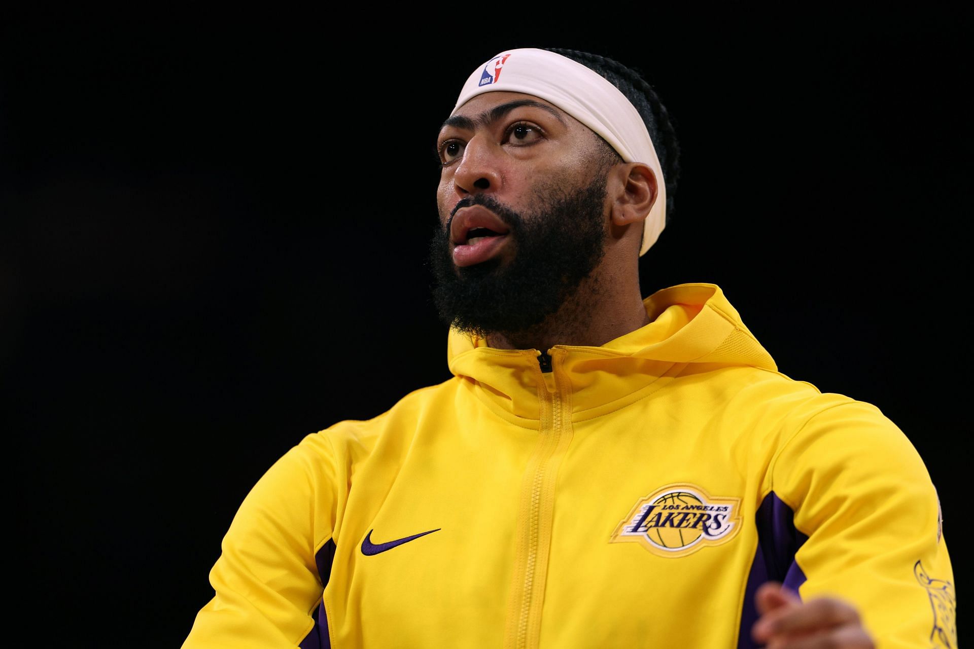 Anthony Davis wearing the Official NBA Lakers Championship jacket