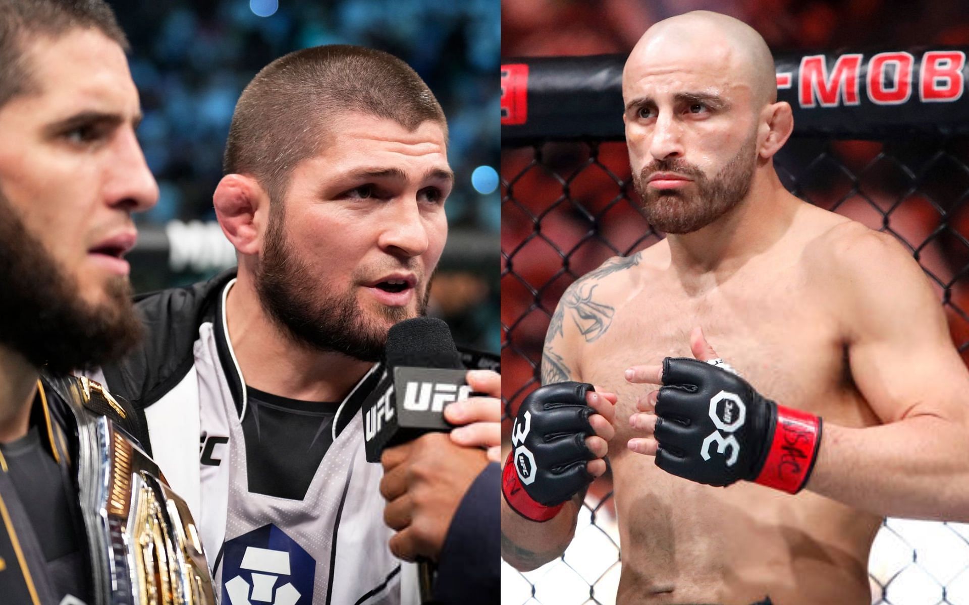 Islam Makhachev and Khabib Nurmagomedov (left) and Alexander Volkanovski (right) [Images Courtesy: @GettyImages]