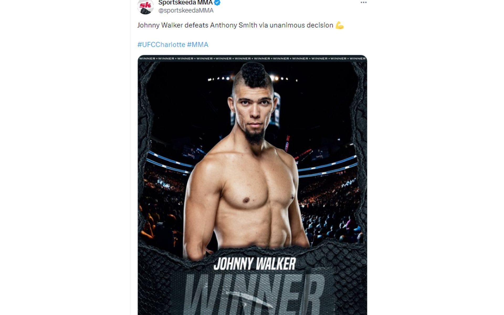Tweet regarding win over Anthony Smith #UFCCharlotte
