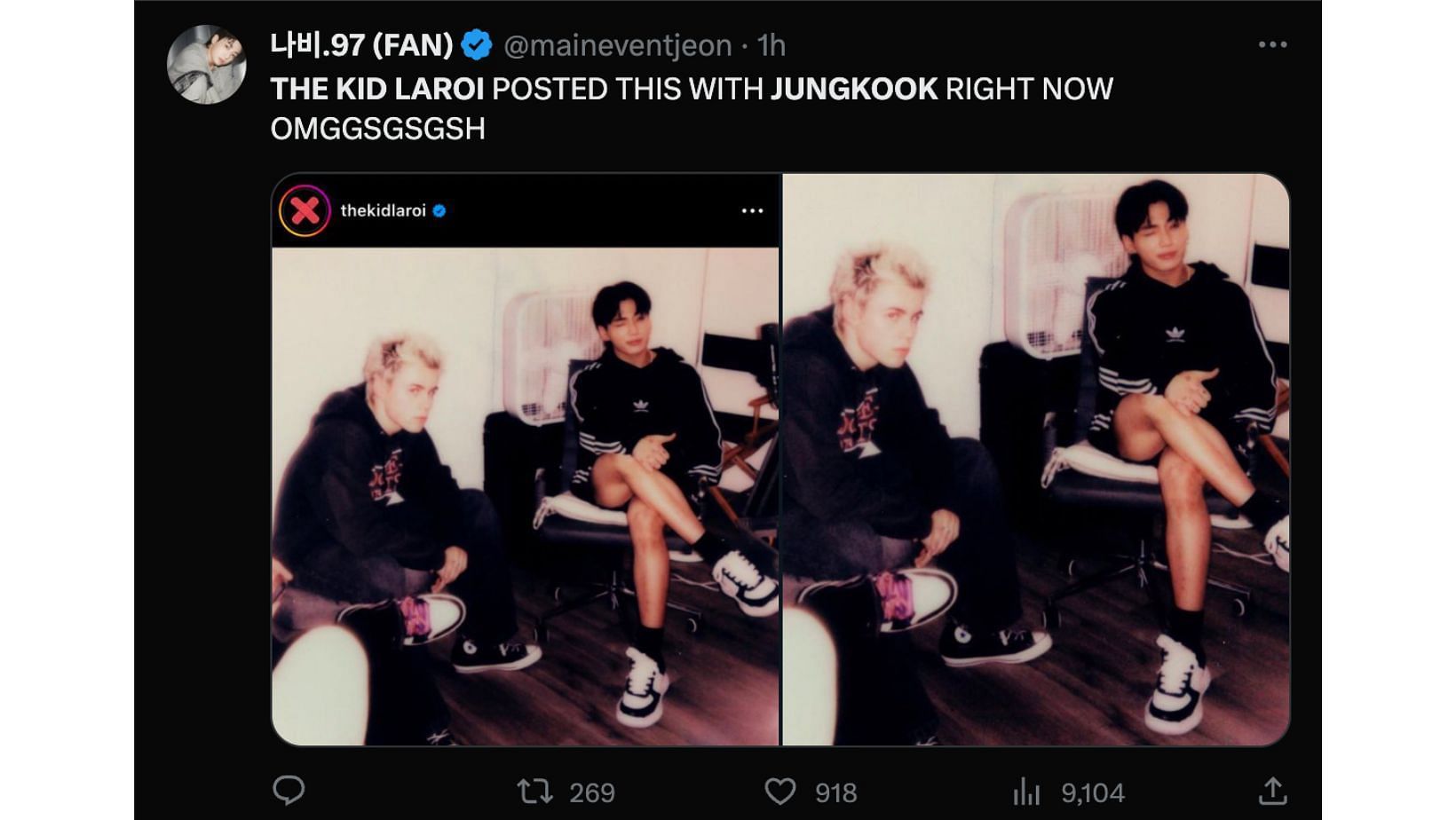 @maineventjeon tweeting about The Kid LAROI speculated collab with the BTS artist (Image via Twitter/@@maineventjeon)