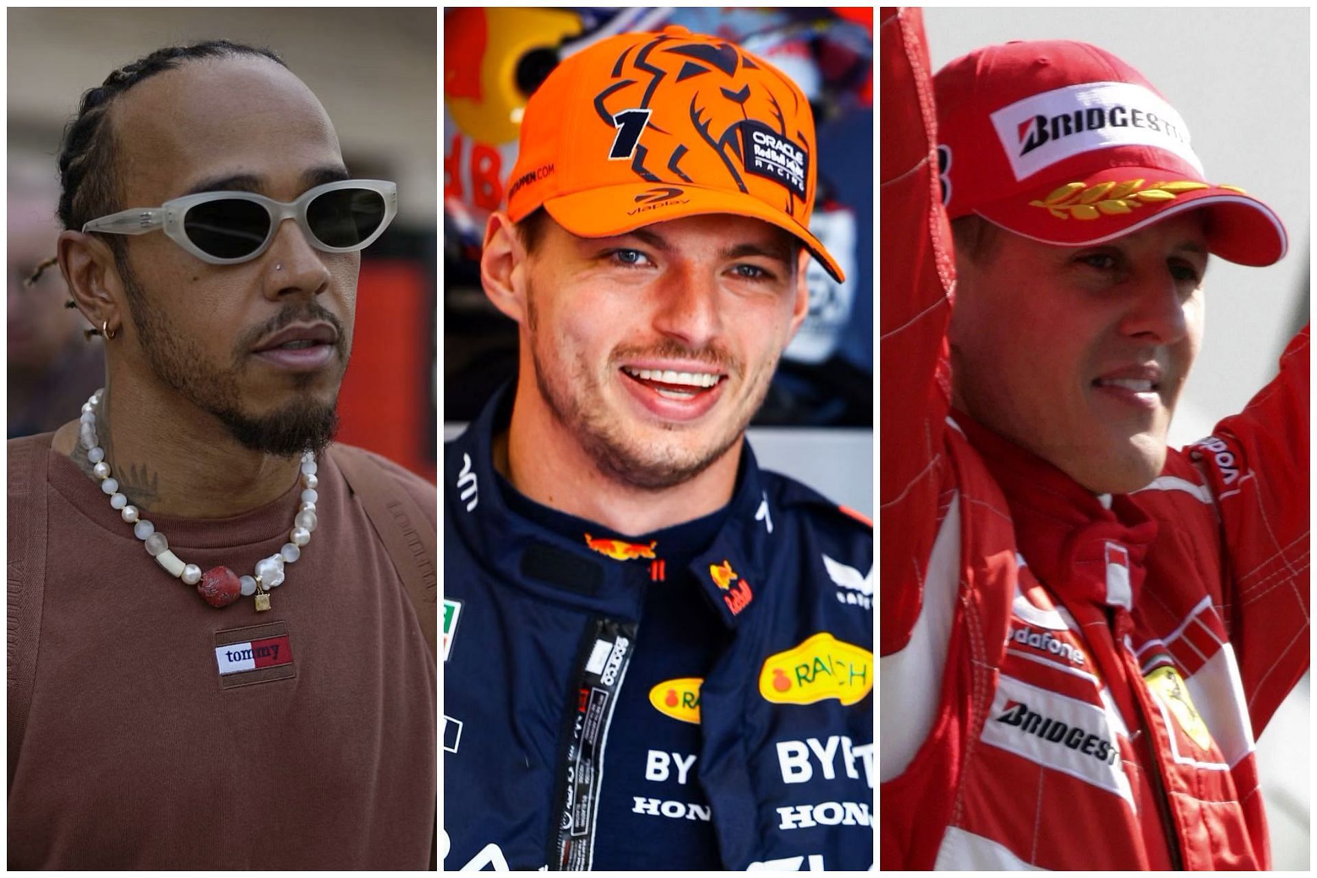 Lewis Hamilton (L), Max Verstappen (C), and Michael Schumacher (R) (Collage via Sportskeeda)