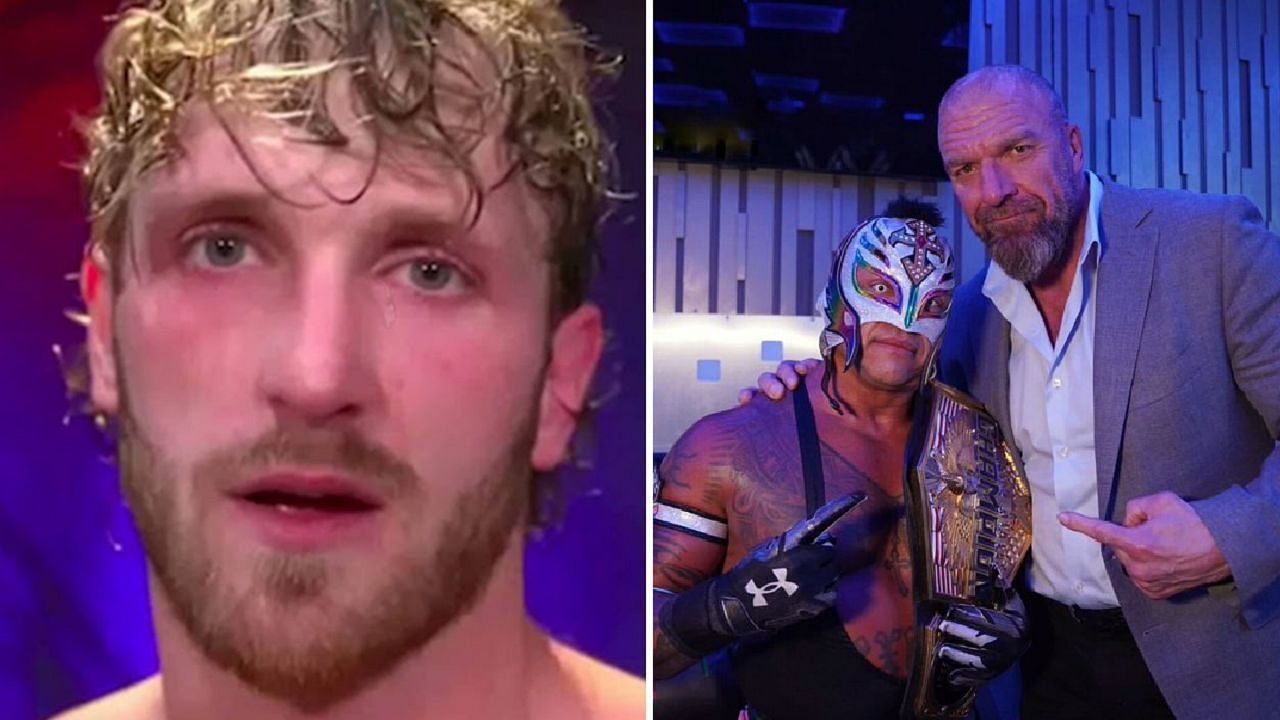 Logan Paul (left); Rey Mysterio and Triple H (right)