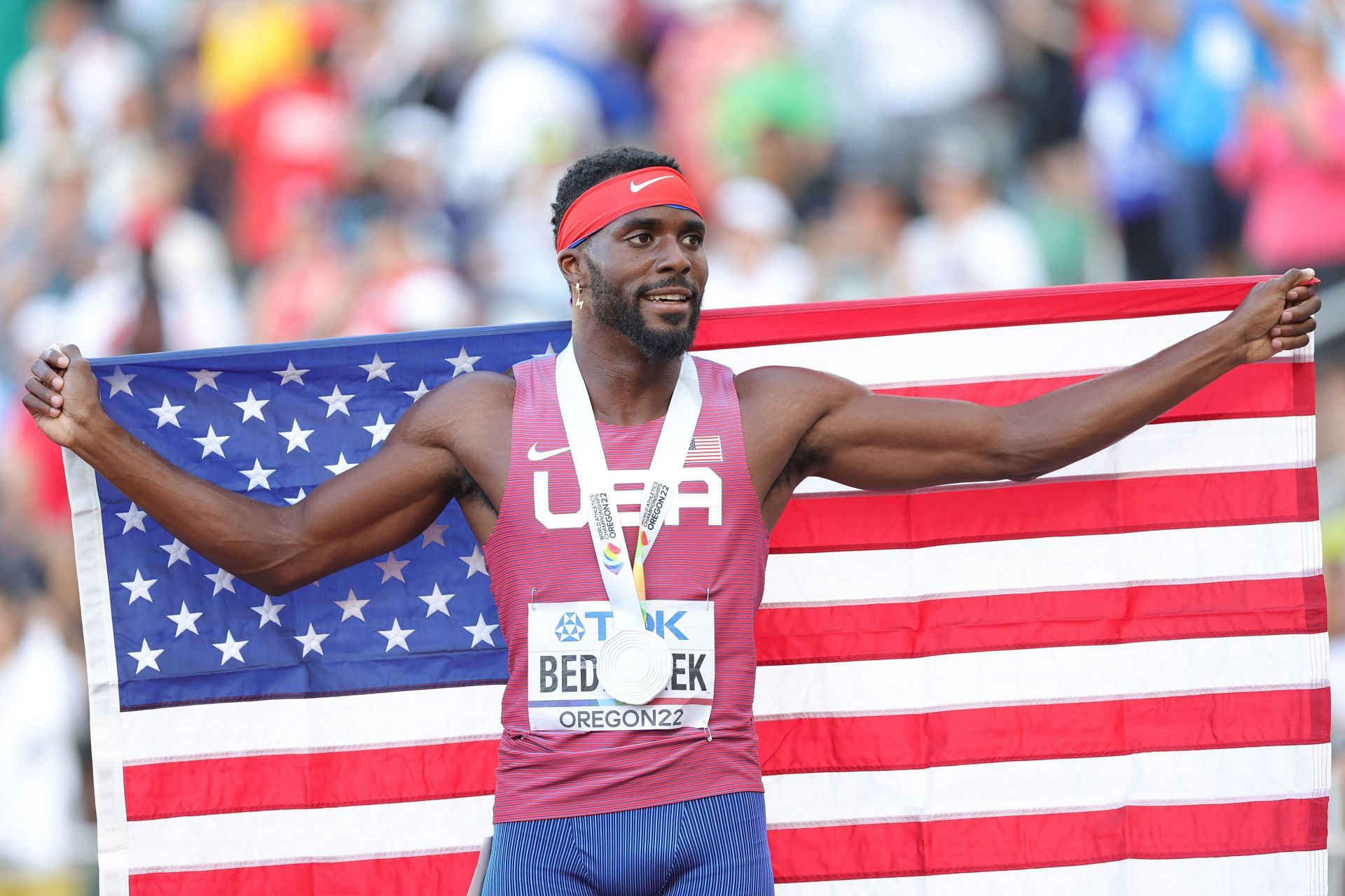 Silver medalist Kenneth Bednarek of Team United States celebrates after competing in the Men&#039;s 200m Final