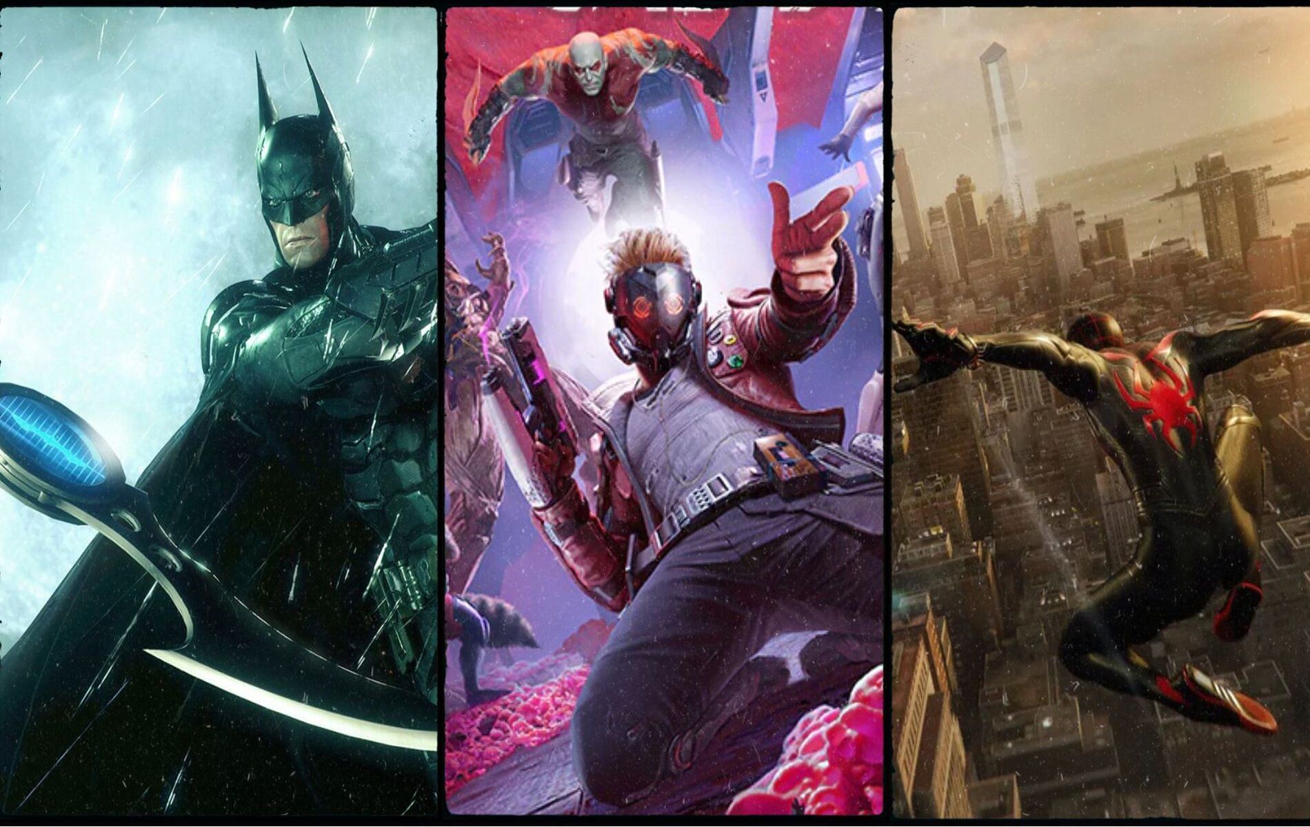 Screenshots and Cover art from Batman Arkham , Guardians of the Galaxy and Spiderman 2