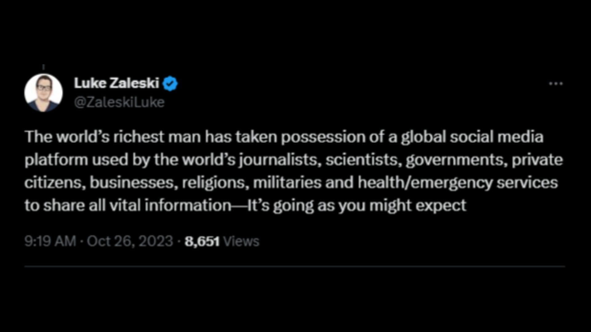 Screenshot of an X user remarking on Elon Musk&#039;s response to Johnson&#039;s claims about Twitter being a subsidiary of the FBI. (Photo via @ElonMusk/X)