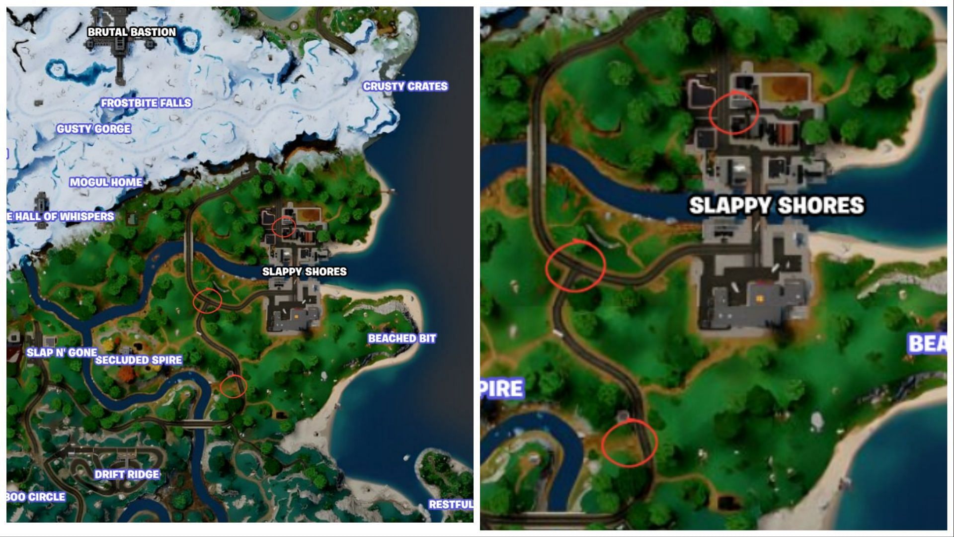Locations with zombie signs in Slappy Shores in Fortnite (Image via Sportskeeda/ Epic Games)
