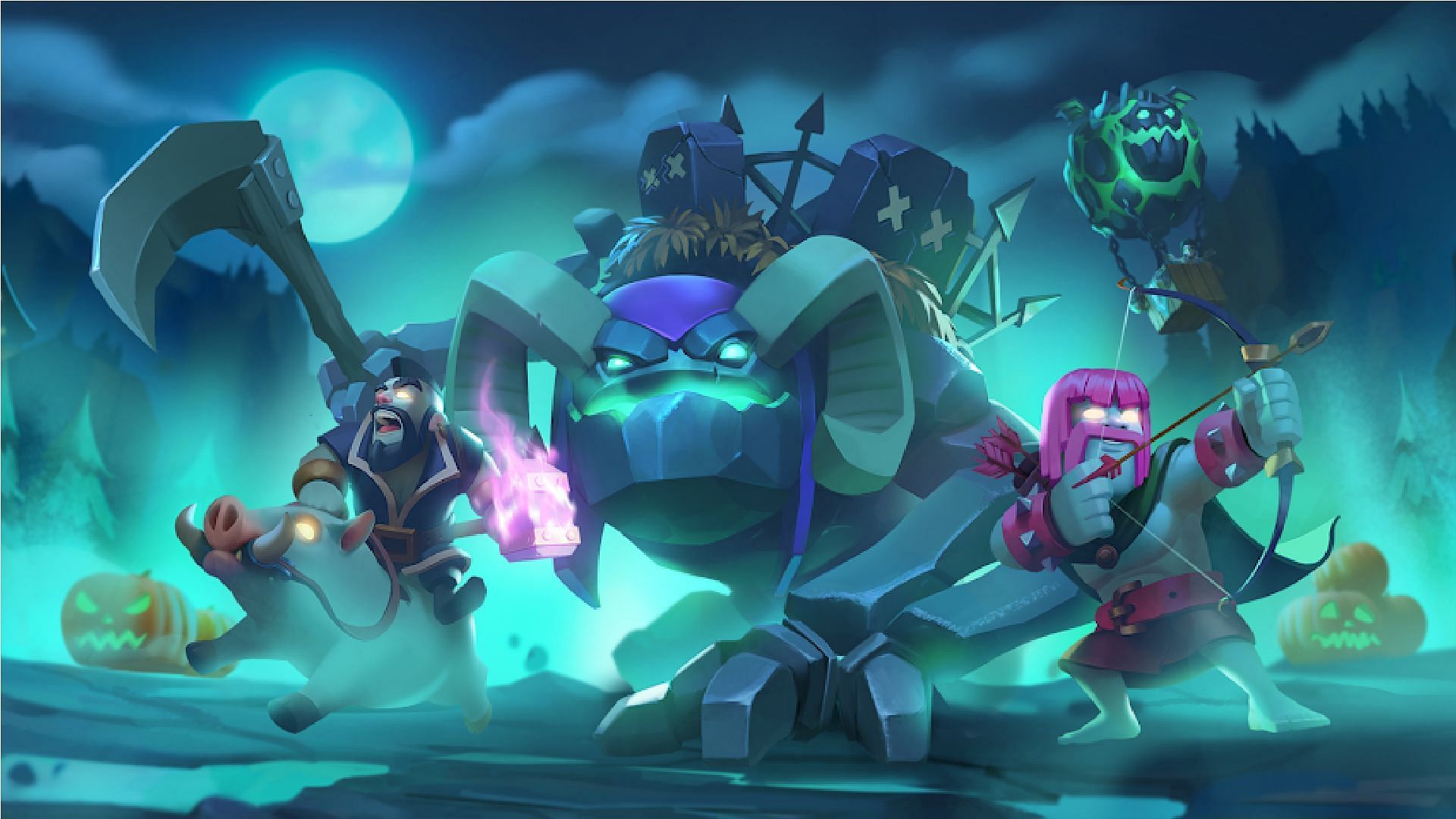 Hog Wizard, Witch Golem, Lavaloon, and Barcher (from the right) are the latest troops (Image via Supercell)