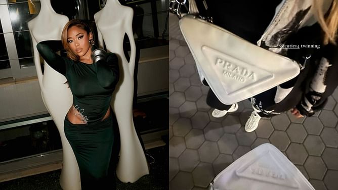 Karl-Anthony Towns' girlfriend, Jordyn Woods, shows off $2,600 triangular-shaped Prada shoulder bag