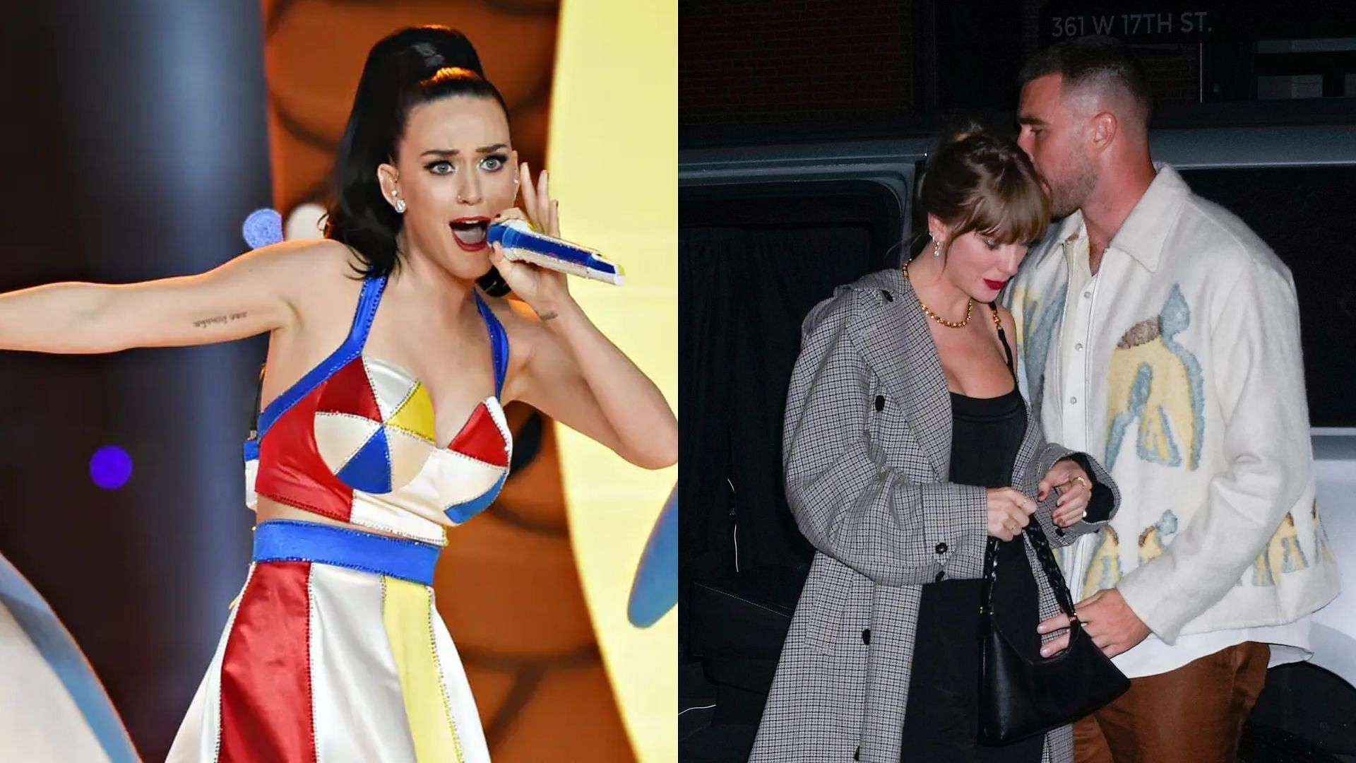 Katy Perry reacting to Travis Kelce and Taylor Swift