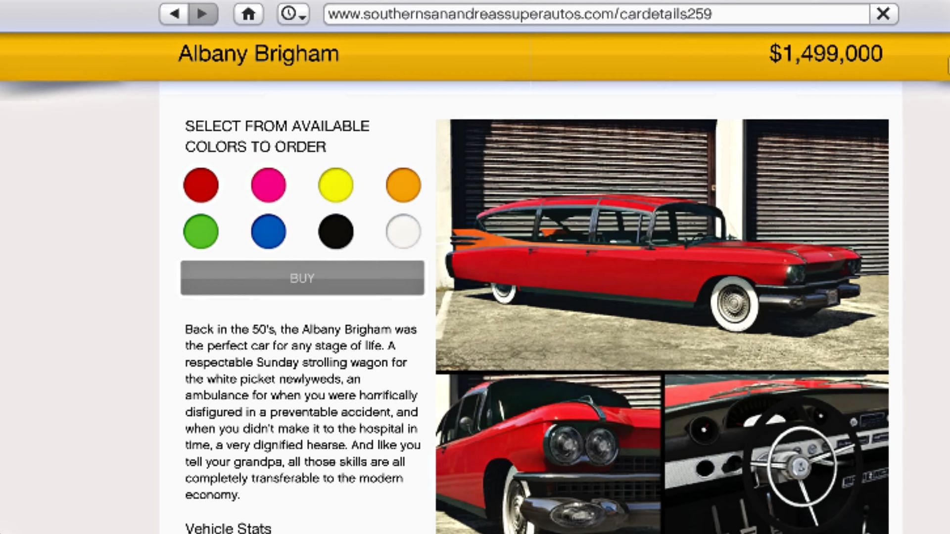 Albany Brigham&#039;s page on Southern San Andreas Super Autos (Image via YouTube/GTA Series Videos)