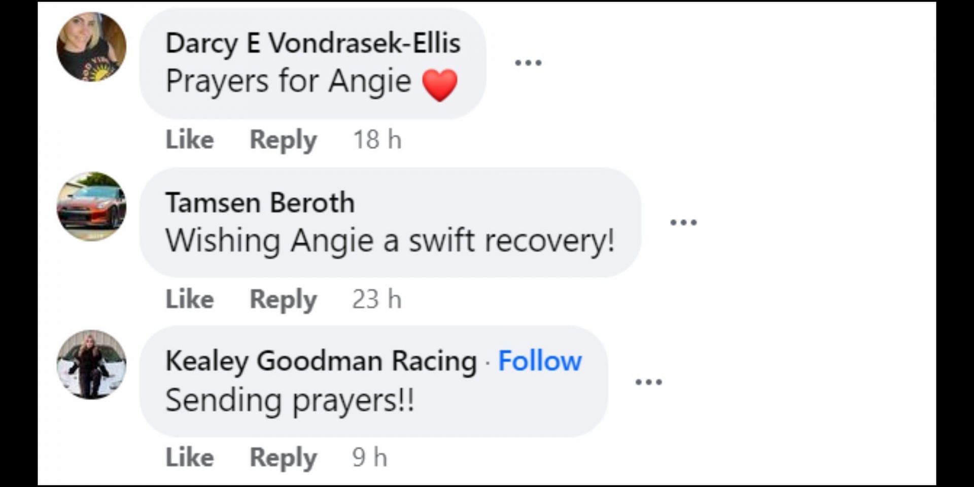 Fans send their prayers for Angie and wish for her speedy recovery. (Image via Facebook/@angiesmithracing)
