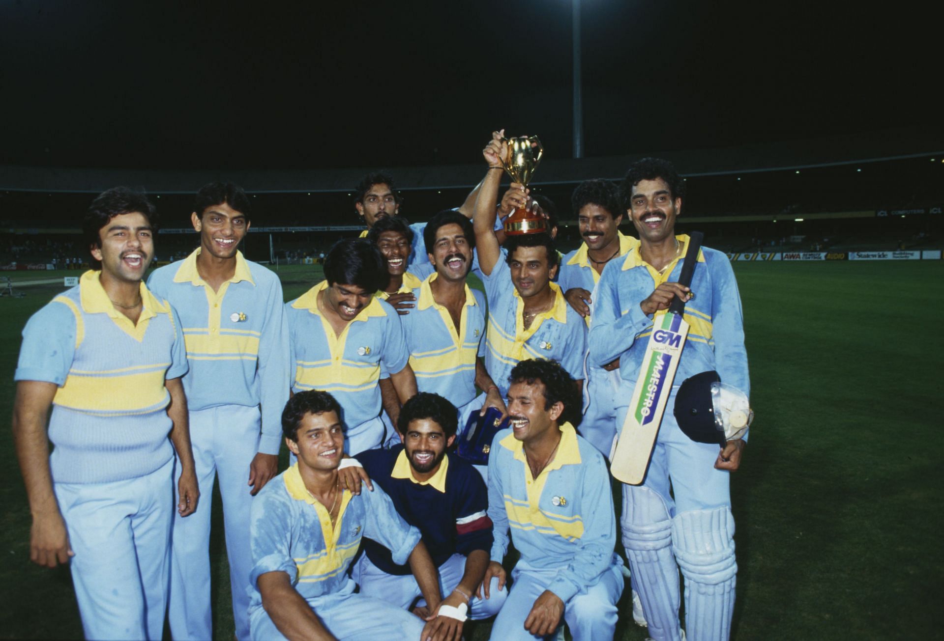 The Indian team celebrates after winning the 1985 World Championship of Cricket. (Pic: Getty Images)
