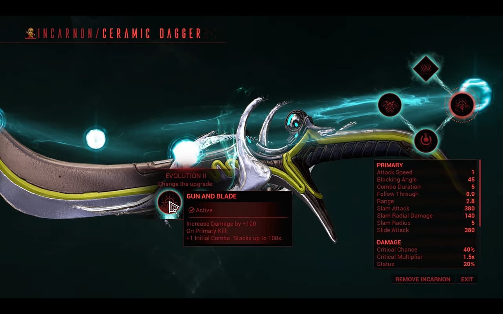 You can go to Cavalero in Chrysalith for Ceramic Dagger&#039;s Incarnon Awakening and to get its Evolution Perks (Image via Digital Extremes)