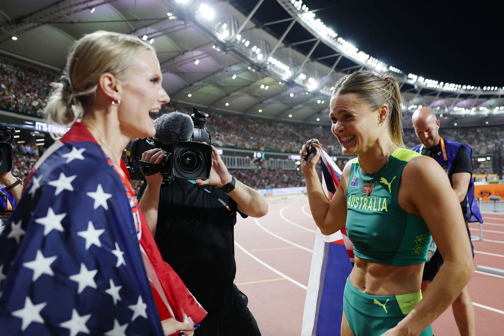 Katie Moon and Nina Kennedy after competing in the Women's Pole Vault Final at 2023 the World Athletics Championships in Budapest, Hungary.