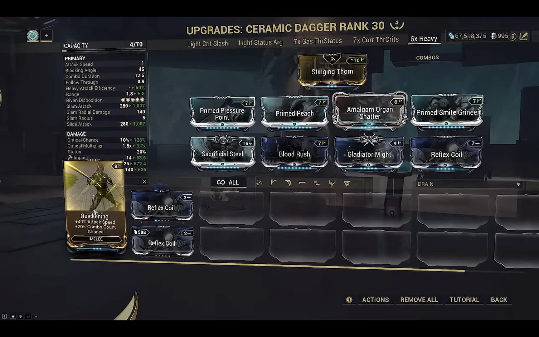 A heavy attack build for Ceramic Dagger will benefit greatly from some form of Heavy Attack Efficiency (Image via Digital Extremes)