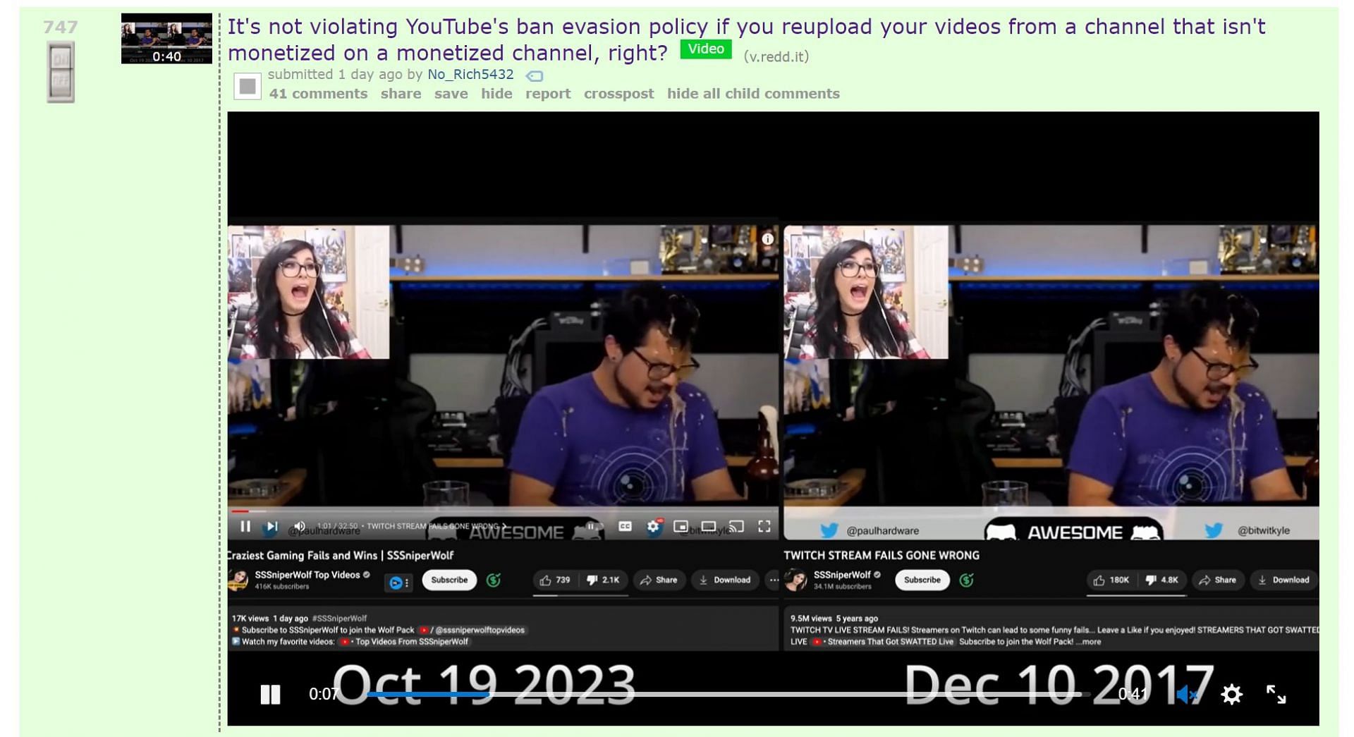 Redditor u/No_Rich5432&#039;s post featuring the YouTuber seemingly re-uploading her content (Image via Reddit)