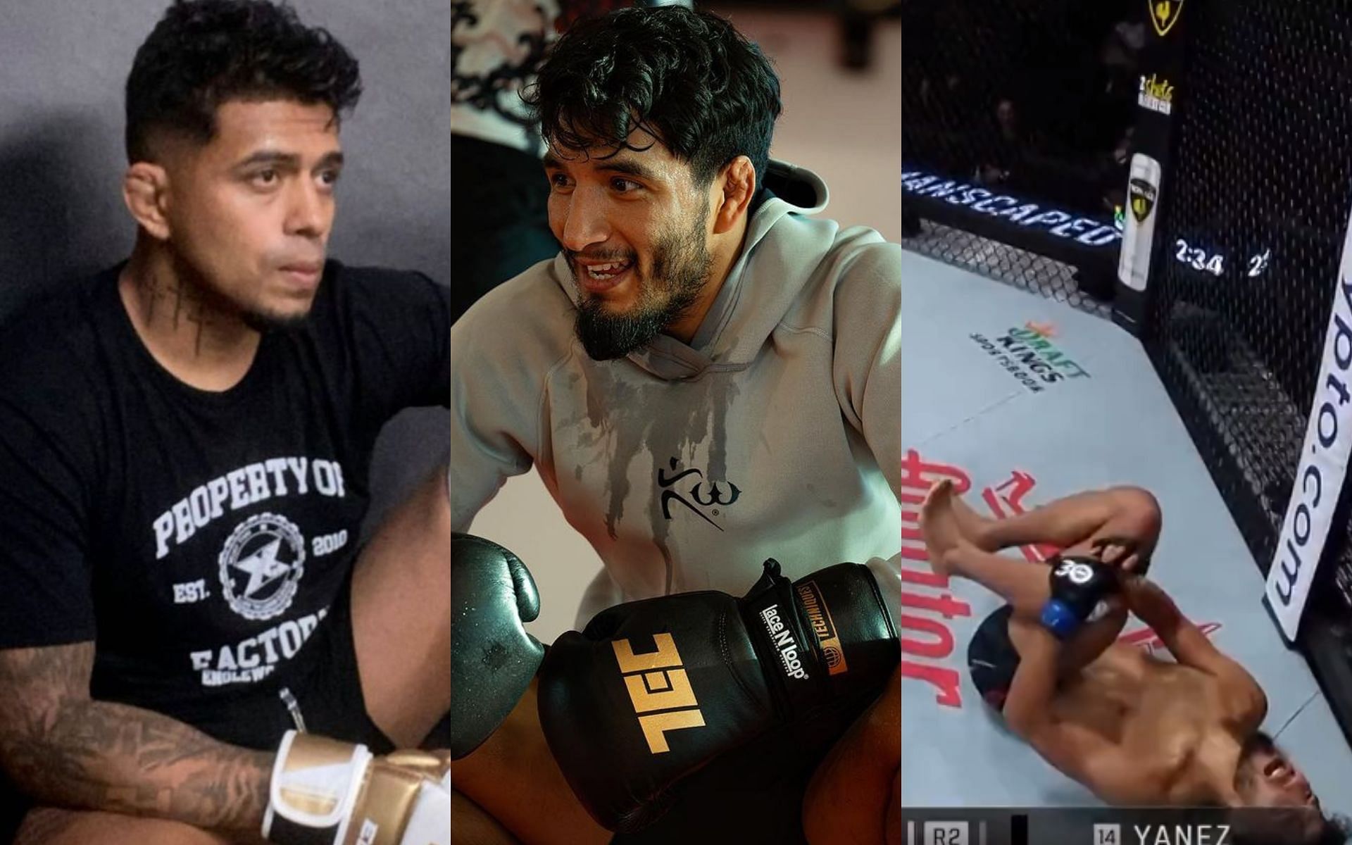 Jonathan Martinez (Left); Adrian Yanez (Middle); Yanez after his leg kick TKO loss (Right) [*Image courtesy: @martinez3jonathan Instagram; @adrianyanez93 Instagram; @ufc Twitter]