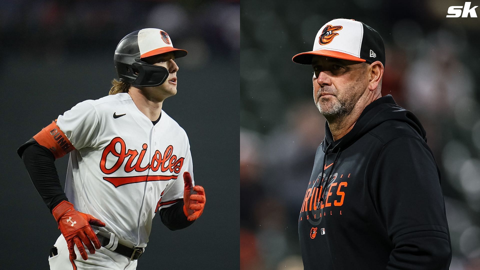 Manager Brandon Hyde and infielder Gunnar Henderson of the Baltimore Orioles