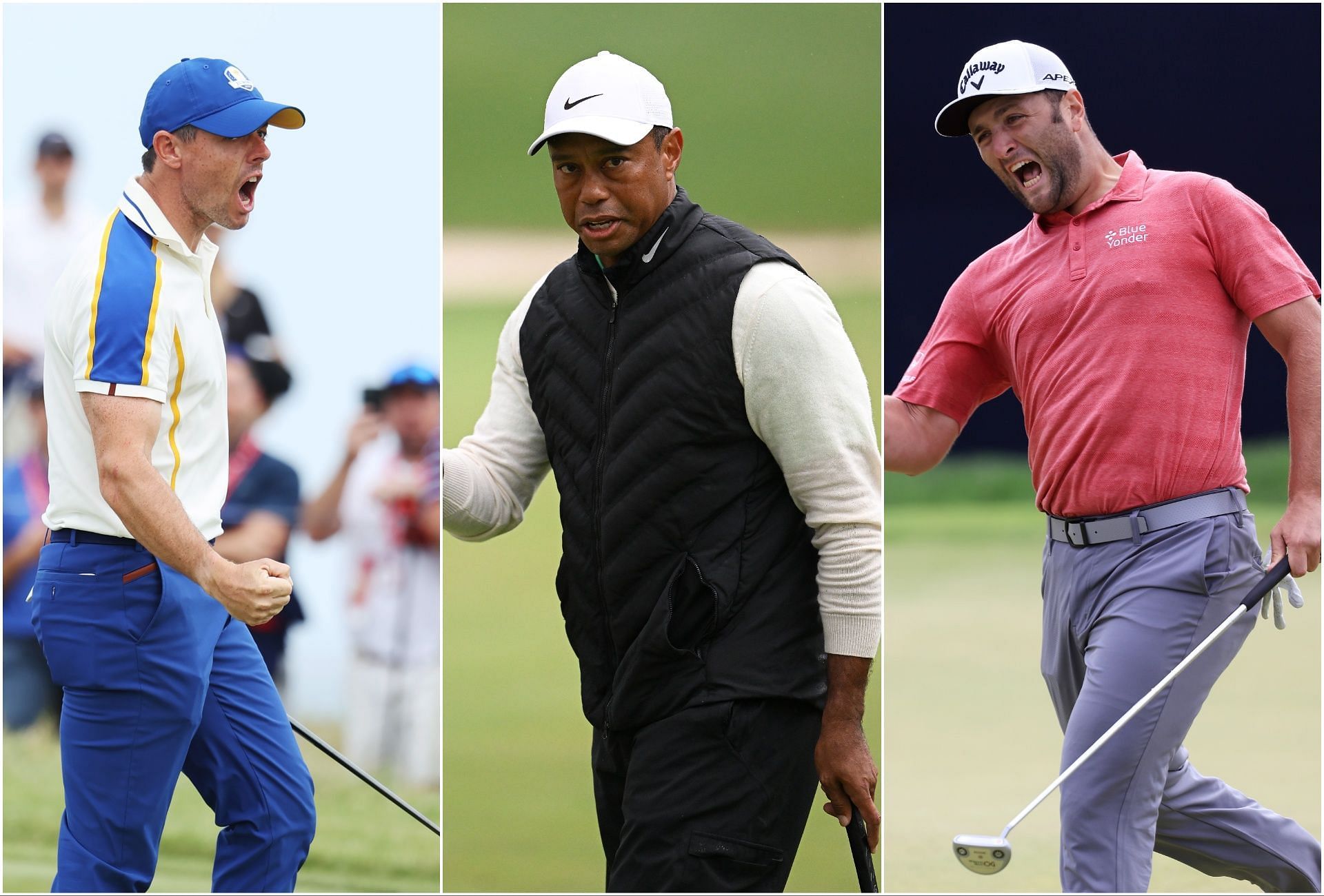Rory McIlroy, Tiger Woods, and Jon Rahm (via Getty Images)