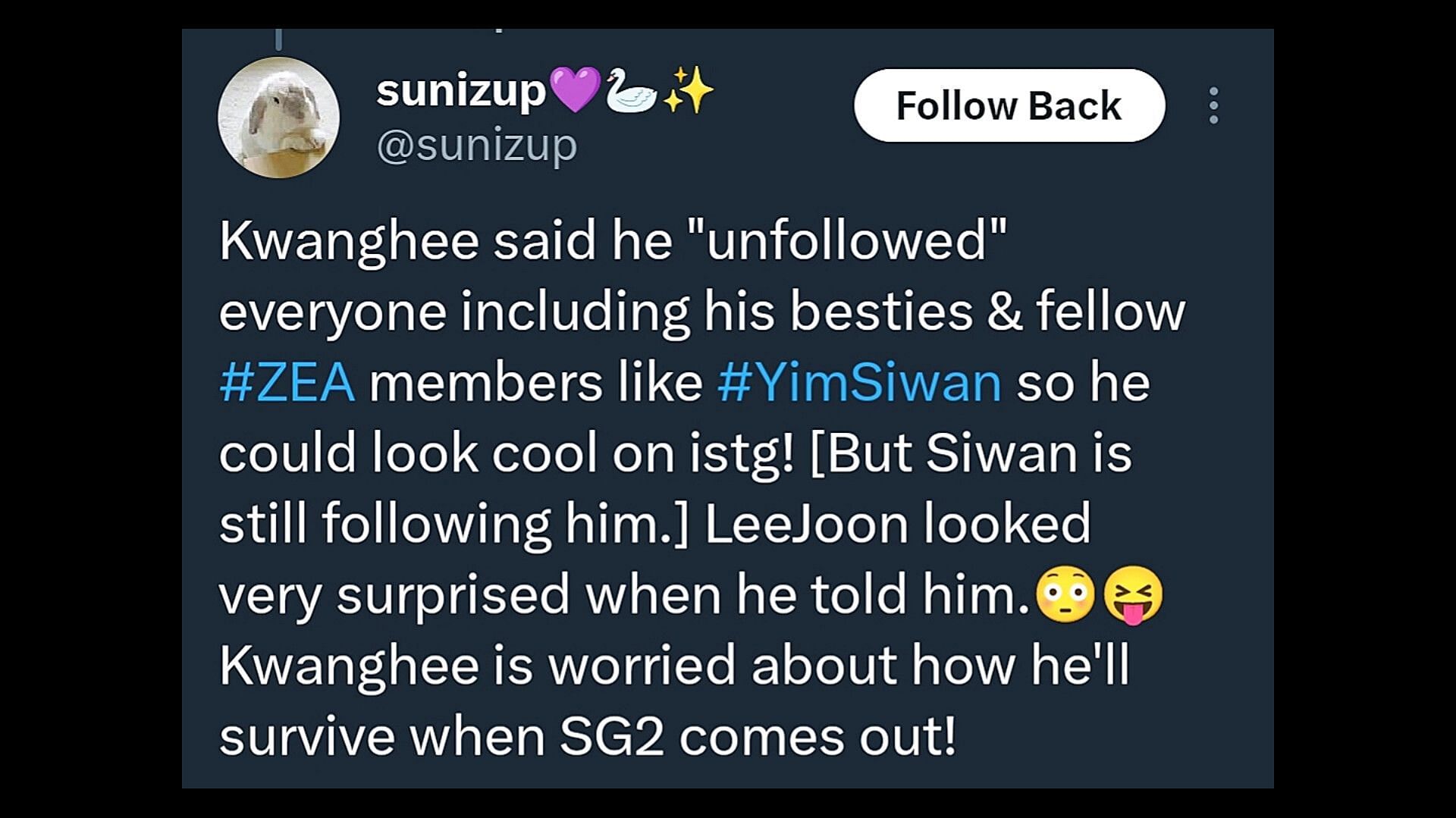 Fans talking about Kwanghee&#039;s reason for unfollowing Summer Strike actor. (Image via sunizup/X)