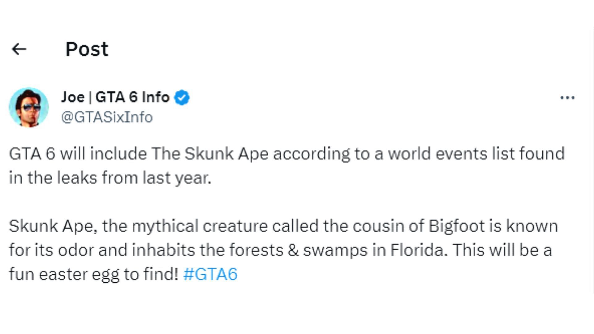 The Skunk Ape might appear in Grand Theft Auto 6 (Image via X/@GTASixInfo)