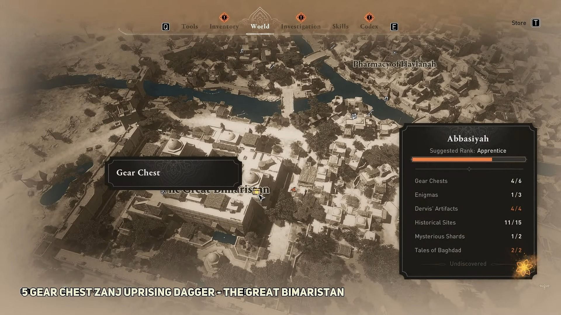 The Great Bimaristan gear chest loacation in Assassin&#039;s Creed Mirage (Image via WoW Quests/YouTube)