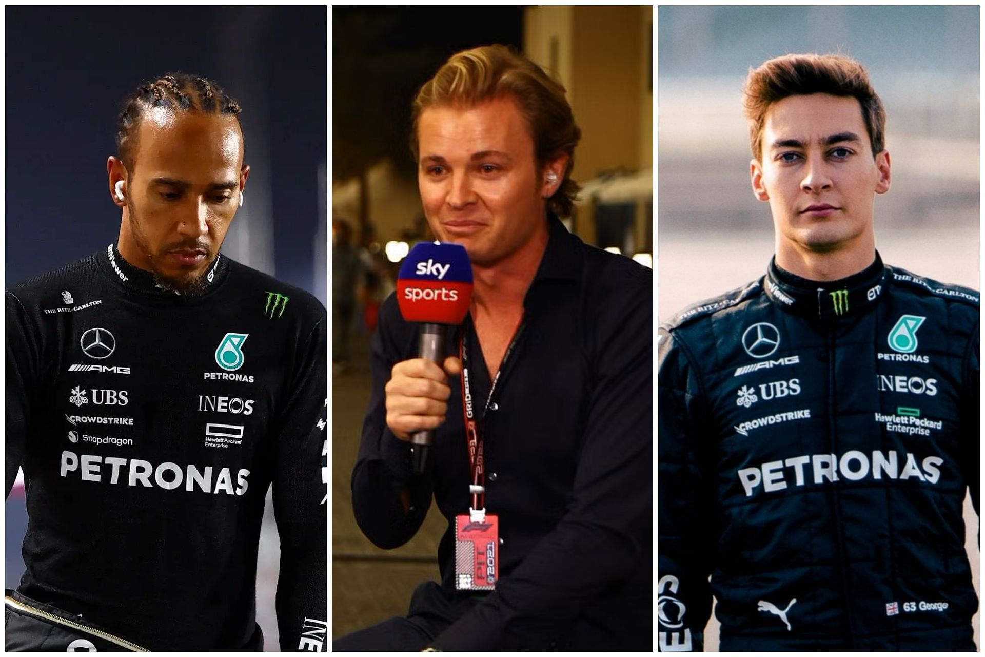 Lewis Hamilton (L), Nico Rosberg (C) and George Russell (R) (Collage via Sportskeeda)